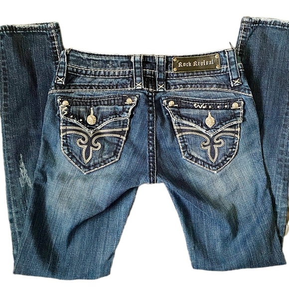 Rock Revival Bedazzled Embroidered Blue Jean Denim Y2K Stephanie Bikercore Sz 27 - Picture 1 of 12